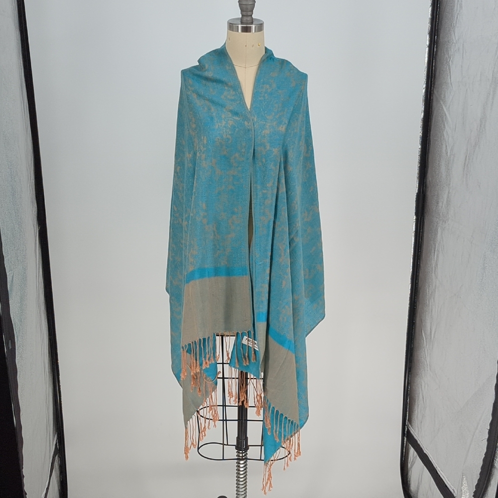 00839 Pashmina Paisley Fringe Scarf Turquoise Tan preppy spring fall classic - Picture 2 of 6